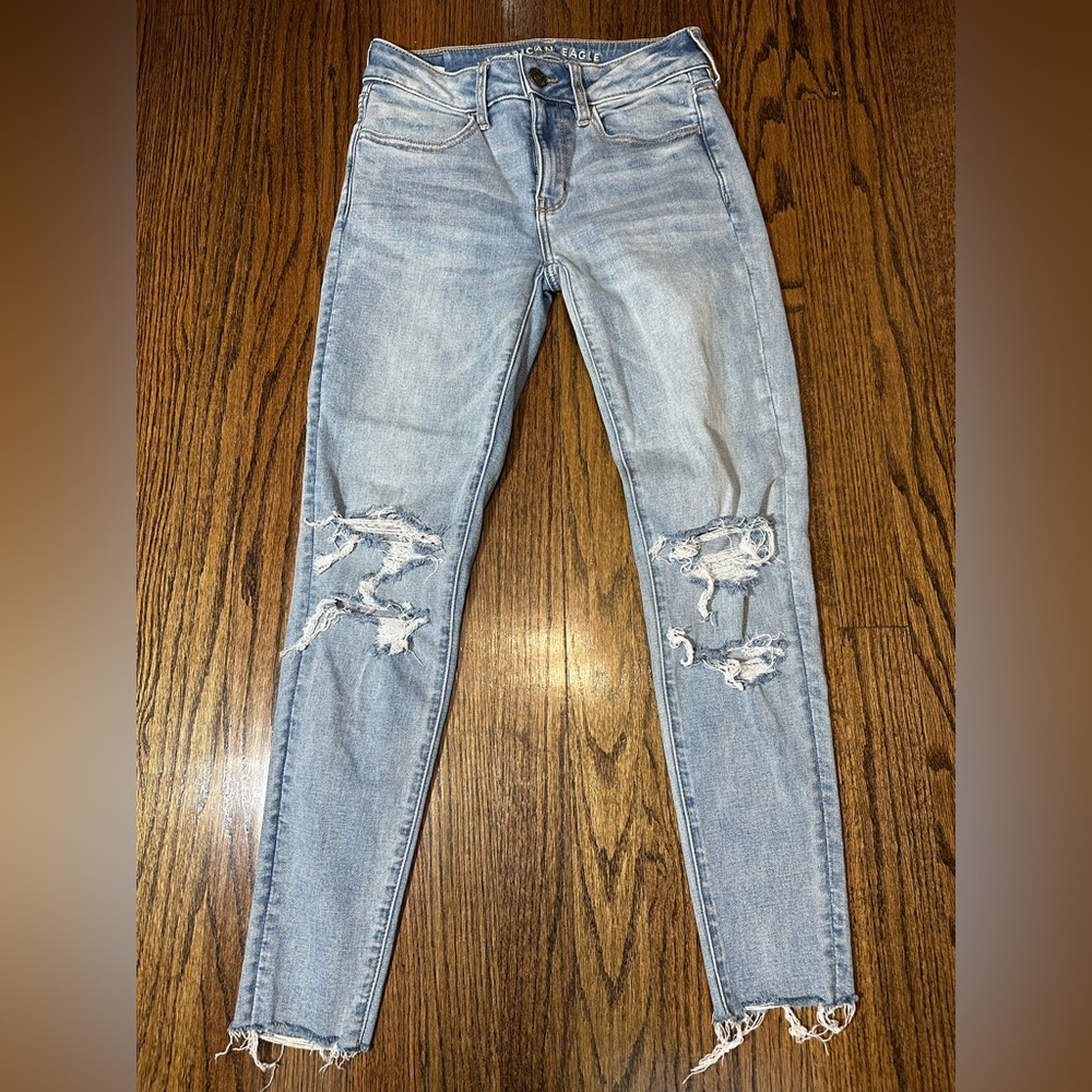 American Eagle Womens Blue Jegging Distressed Frayed Denim Jeans Size 2 Short
